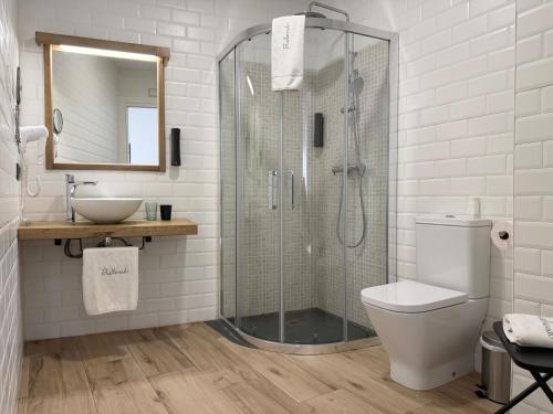 a bathroom with a shower and a toilet and a sink at Balhondo Open Village in Puebla de Alcocer