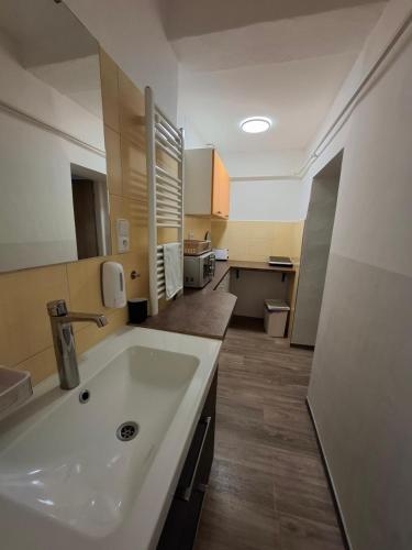 a large bathroom with a sink and a kitchen at Apartmány pod Divadlem in Znojmo