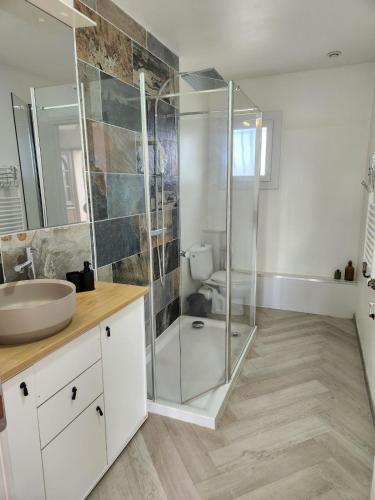 a bathroom with a shower and a sink and a toilet at Mareva House - Discreet with parking in Gignac-la-Nerthe