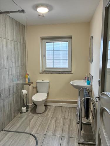 a bathroom with a toilet and a sink and a window at Castell Cottages Central with Parking in Caerphilly