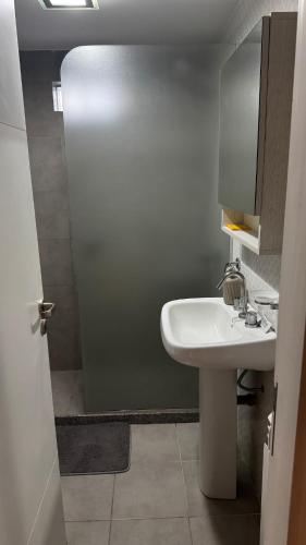 a bathroom with a white sink and a shower at Departamento centro Rio Cuarto con Cochera in Río Cuarto