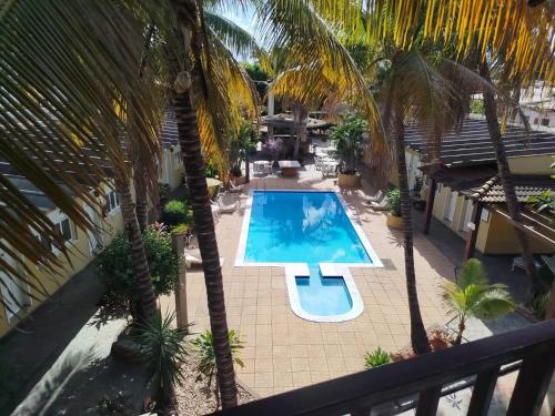 an overhead view of a swimming pool with palm trees at Hotel Master Cuiabá in Cuiabá