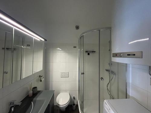 a bathroom with a shower and a toilet and a sink at Faraway Homes Studio Bruck #11 in Bruck an der Mur