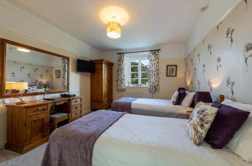 a bedroom with two beds and a desk and a sink at Elterwater Park self catering in Ambleside