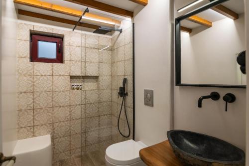 a bathroom with a shower with a toilet and a sink at Glaucus Summer House sea view in Mandrakia