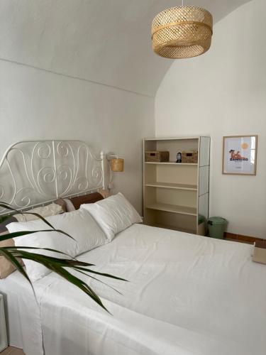 a bedroom with a large white bed with a plant at Casa Andrée in Sanremo