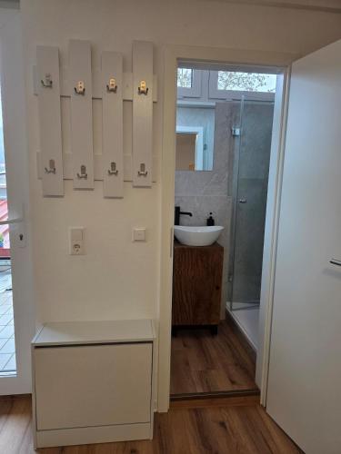 a bathroom with a sink and a shower at Apartment mit Küche in Schwäbisch Hall