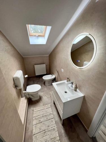a bathroom with a sink and a toilet and a mirror at Forest Grill in Piatra Neamţ
