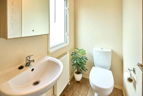 a bathroom with a sink and a toilet and a window at Cedar Lodge With Hot Tub in Pocklington