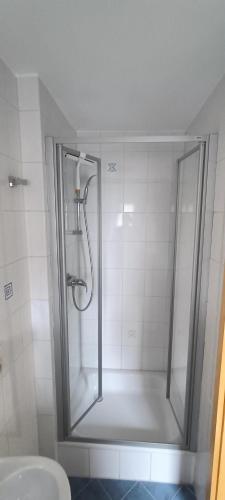 a shower with a glass door in a bathroom at Ferienwohnung Tschitschmann in Naumburg