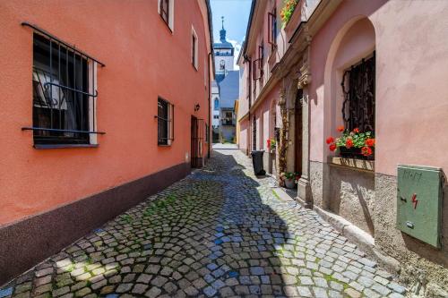 an alley in a city with buildings and flowers at Nefrit Garni & Bar in Česká Kamenice