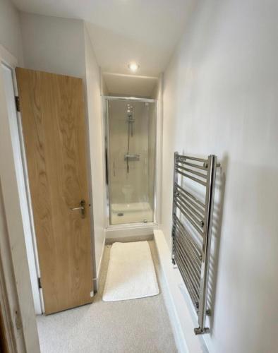 a bathroom with a walk in shower and a door at The Jolly Brewers in Bishops Stortford