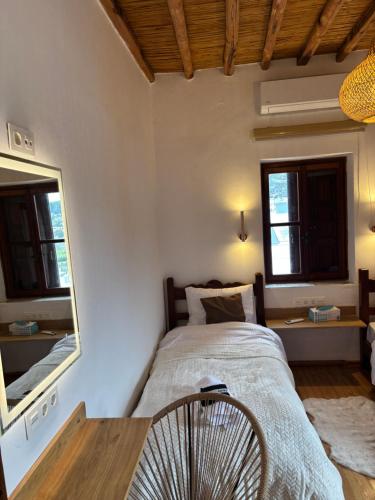 ein Schlafzimmer mit einem Bett und einem Spiegel in der Unterkunft Plagia Luxury Suites in Skyros