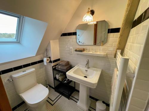 a bathroom with a white toilet and a sink at La source de Vaugadeland in Nazelles