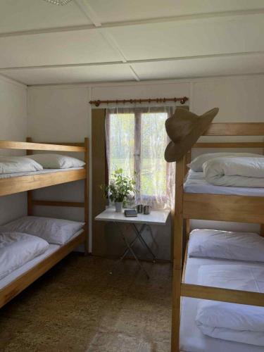 a room with three bunk beds and a window at Kemp Karvánky in Dráchov