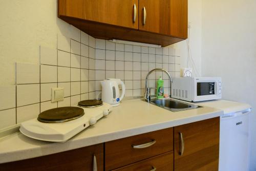 a kitchen counter with a sink and a microwave at Простора 3 кімнатна біля Майдану Незалежності in Kyiv