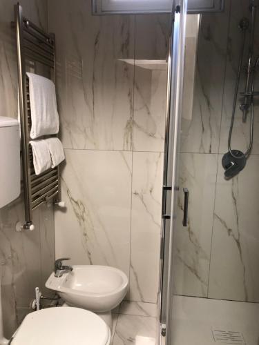 a bathroom with a shower and a toilet and a sink at Hotel Mignon in Milan
