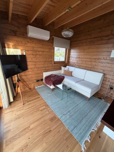 a living room with a white couch and a television at Sunset Eco Shelter 4 in Ponta do Pargo