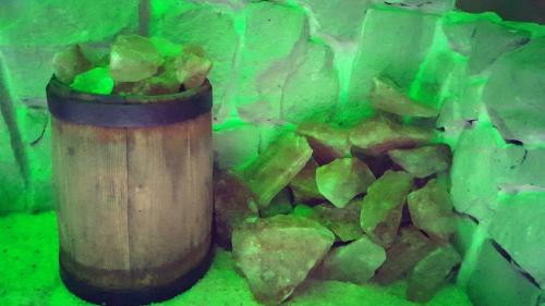 a bucket of rocks next to a green wall at Dwór w Zabużu in Zabuże