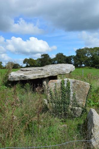 a stone bench sitting in the middle of a field at Gîte du Dolmen in Guiscriff