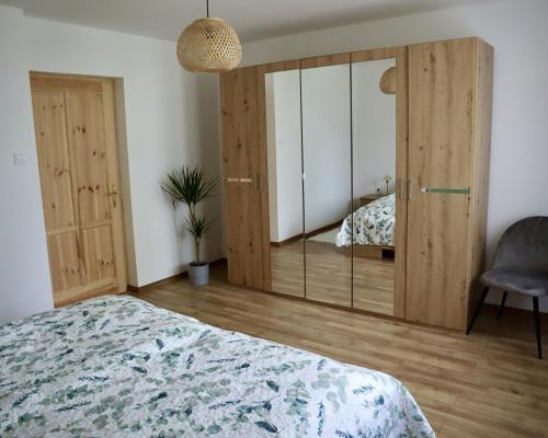 a bedroom with a bed and a large glass closet at Fenyőudvar Vendégház Mocsa in Mocsa
