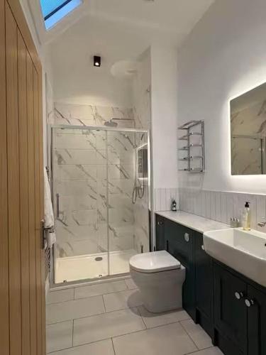 a bathroom with a shower and a toilet and a sink at Old Library Apartments - 8a in Orkney