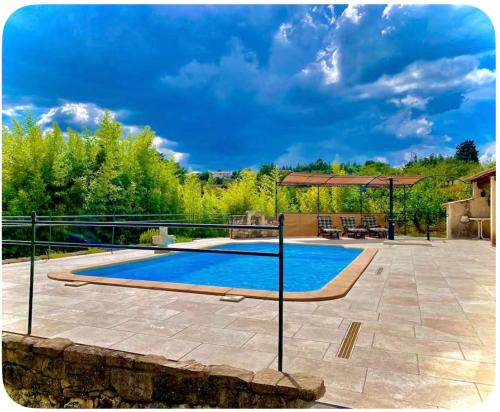 Maison provençale في Céreste: مسبح في فناء به شرفة