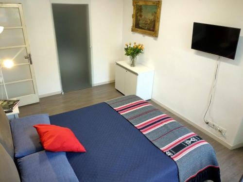a bedroom with a blue bed with a red pillow at Villa Laila in Lodi