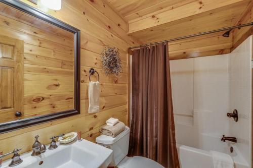 a bathroom with a toilet and a sink and a shower at Smoky Elk in Whittier