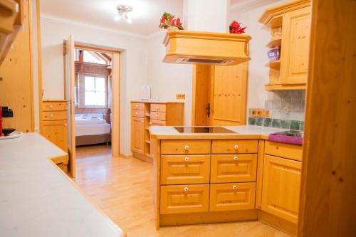 a kitchen with wooden cabinets and a sink at Four Seasons Lodge in Lackenhof