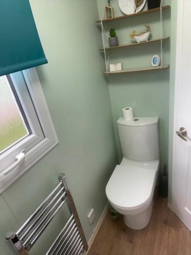 a bathroom with a white toilet and a window at Seaside Arizona in Morecambe