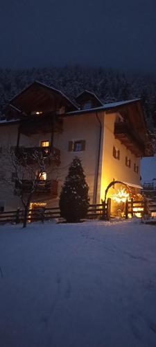 a house with a christmas tree in front of it at Hanslmoar Hof in Colli in Pusteria