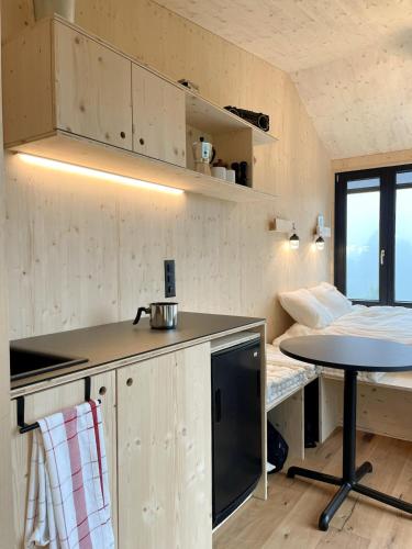 a small kitchen with a table in a room at Cabin stay with optional Donkey Picnic Experience in Hallau