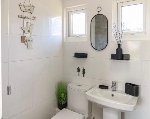 a white bathroom with a toilet and a sink at 106 Cherry park in Chapel Saint Leonards