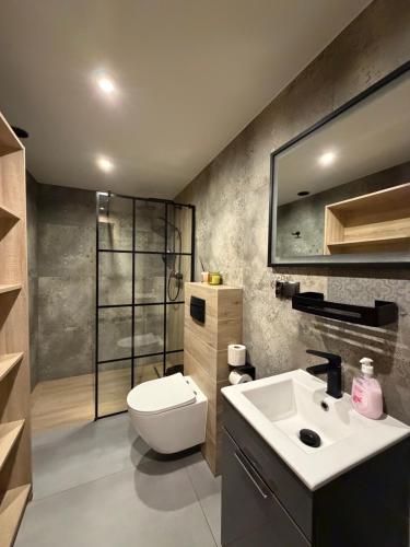 a bathroom with a white toilet and a sink at Arcadia Home in Będzin