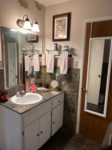 a bathroom with a sink and a mirror at Key to Austin Artistry in Austin