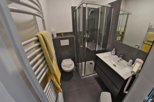 a bathroom with a shower and a toilet and a sink at Pension Carinthia in Unterburg am Klopeiner See