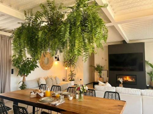 a dining room with a table and some plants at Villa de Diseño con Piscina Privada in Pastores