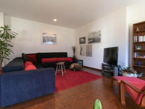 a living room with a couch and a dog laying on a red rug at La Soliva Big House in Primaluna