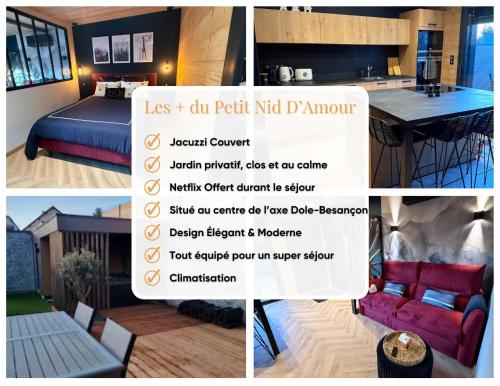 a collage of pictures of a room with a bed and a table at Le Petit Nid D'Amour in Évans
