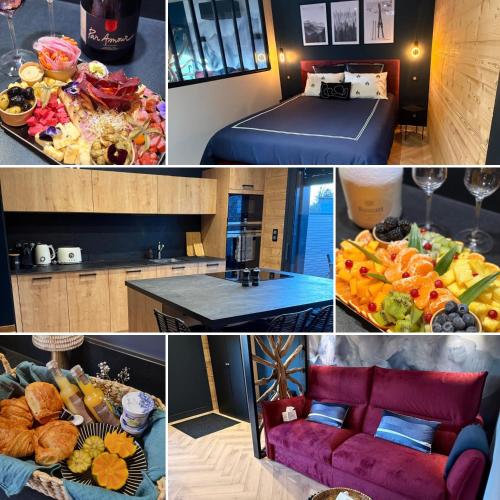 a collage of photos of a hotel room with a bed and food at Le Petit Nid D'Amour in Évans