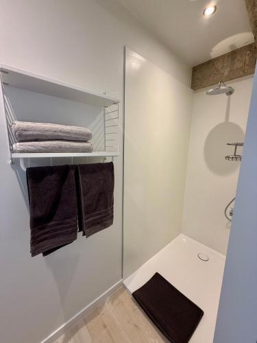a bathroom with a walk in shower and towels at Homey Kortrijk L29 in Kortrijk