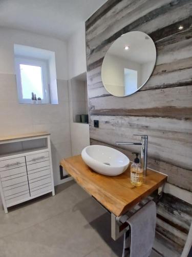 a bathroom with a sink and a mirror at Haus am Seidelberg in Dürrhennersdorf