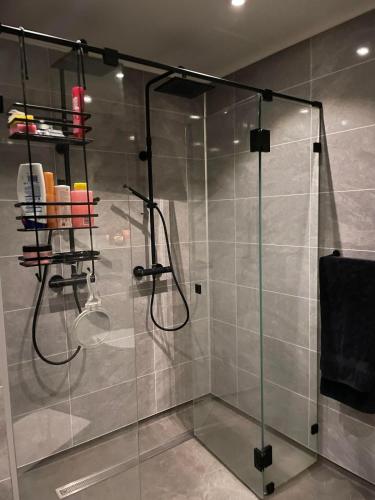 a bathroom with a shower with a glass door at Villa Aurora in Alta