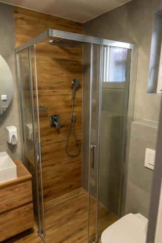 a shower with a glass door in a bathroom at Apartmán u Pivovaru in Rožnov pod Radhoštěm