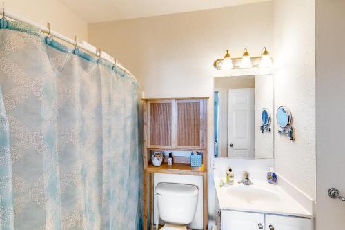 a bathroom with a toilet and a sink and a shower at Oceanfront, dog-friendly condo with ocean view, pool & central AC in Hatteras