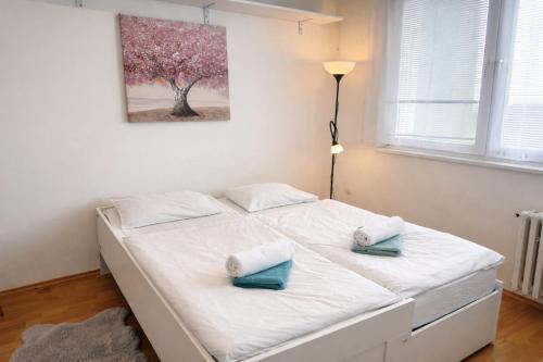 a bedroom with a white bed with two pillows at Apartmán MARKI in Malacky