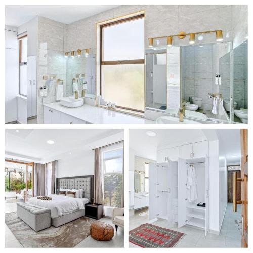 a white bathroom with a large mirror and a bedroom at OSOTUA Villa 18 Home Hotel Nanyuki 7 Bedrooms 14 Guests in Nanyuki