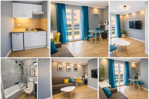 a collage of photos of a kitchen and a living room at Le Genev Altitude - Studio Lumineux - Vue Montagne in Collonges-sous-Salève