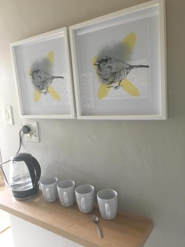 a shelf with three framed pictures of birds and cups at Alibama House in Nelspruit